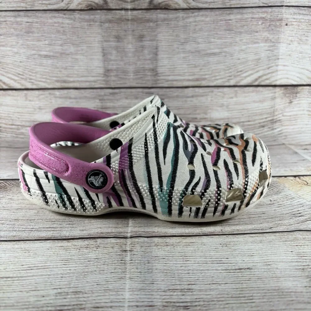 Crocs Classic Kids Size J2 Animal Zebra Glitter Clogs
